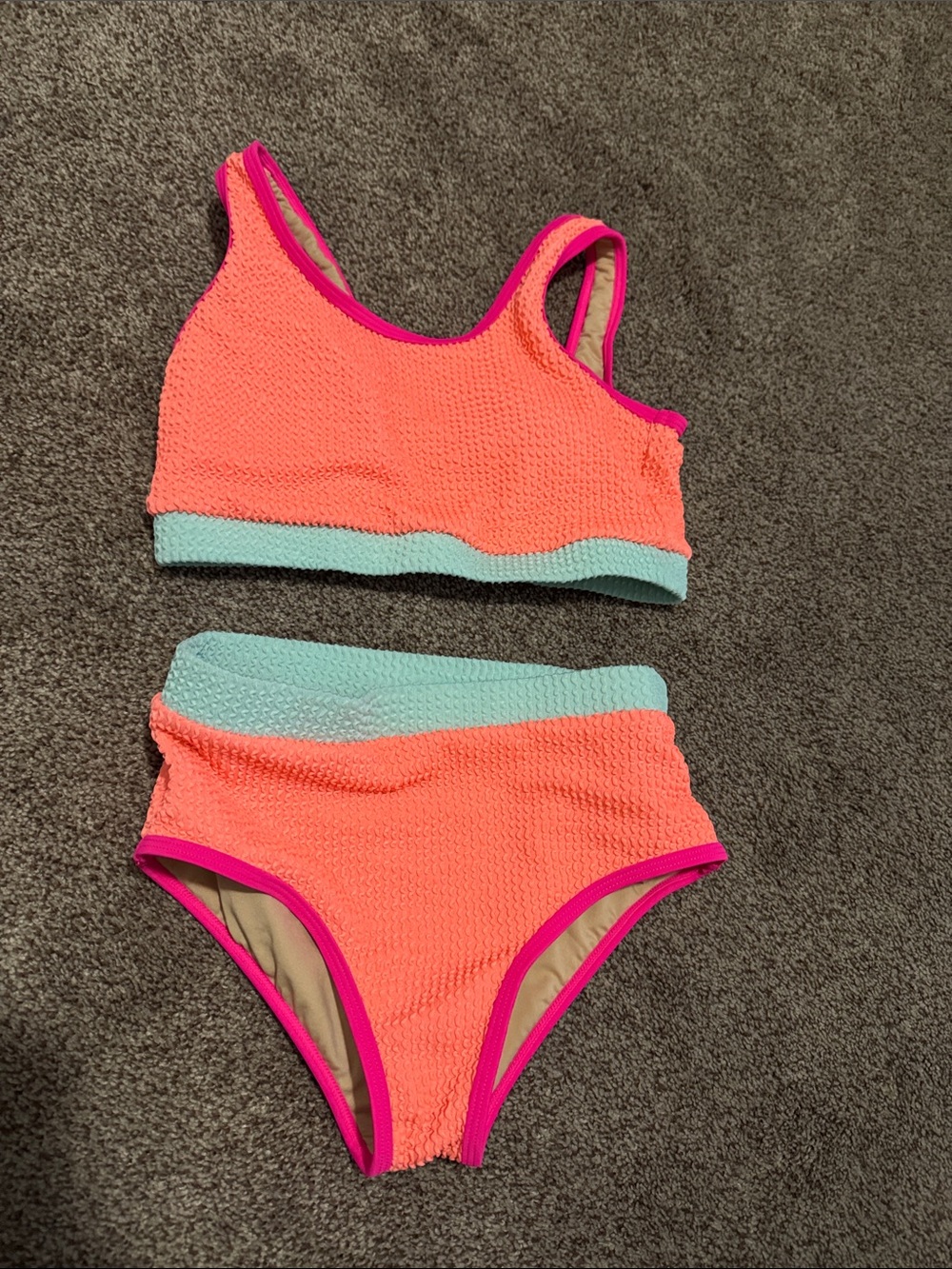 Girls (10/11) Neon Coral Two-Piece Swim Set with Mint Trim